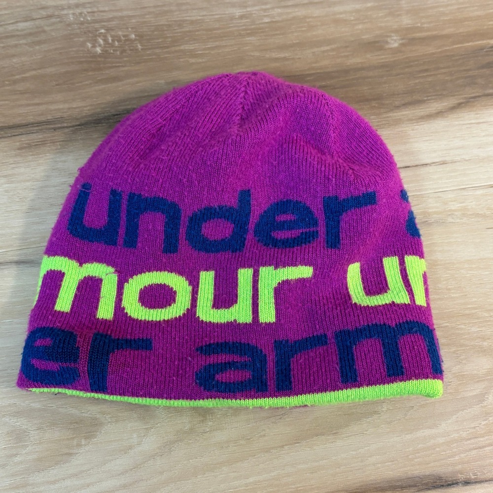 Under Armour Beanie Hat Purple Neon Green Blue Logo Winter Knit Cap Women